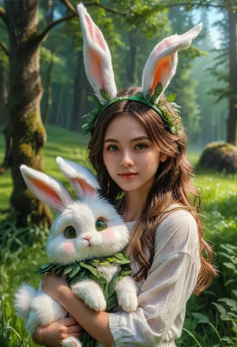 a cute girl with long fluffy rabbit ears, rabbit ears, bunny, green meadow, forest, photorealistic, highly detailed, 8k, (best q...