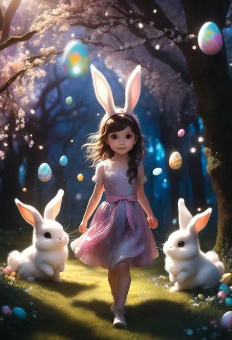 a cute girl with long fluffy rabbit ears, rabbit ears, The most beautiful amazing incredible stunning cutest baby rabbit searching for Easter eggs with a little happy human girl in an easter dress, fluffy, adorable, cute, hyperdetailed, cinematic, Easter e...