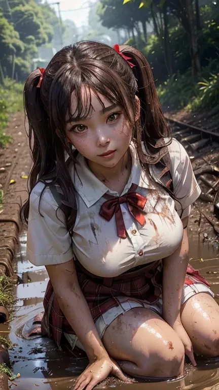 school girl in forest , tropical rainforest , waistband of skirt is at the point above chest , school girl big breast , red knot , red bow , skirt dark red , plaid skirt , pleated skirt , dirty white Shirt , realisitic、top-quality、crisp photos 、a lot of ga...