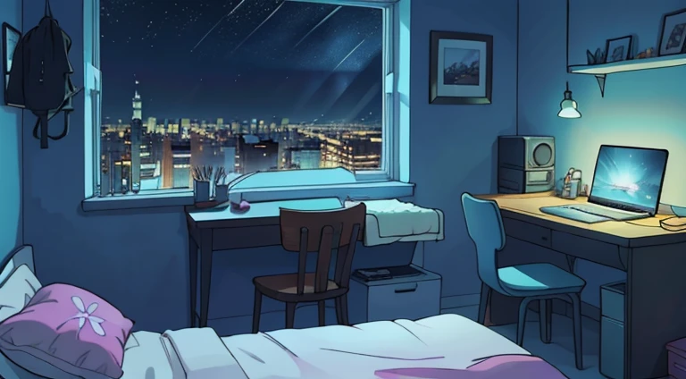 Cinematic 3D animation still from a cozy room, large windows overlooking the city at night, lua com crista, melancholic, sad vibes, the bed is unmade, uma garota sentada com vista para a mesa de computador, cluttered with incompatible furniture, The otaku-...