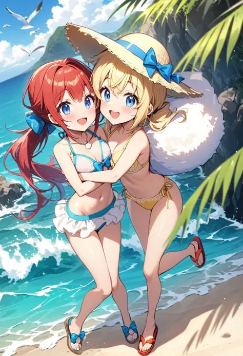 Girl with red hair, long ponytail, blue eyes, wearing a lace bikini with a blue bow, a beach hat with flowers, red flip-flops and a shell necklace, accompanied by a girl with short blonde hair, blue eyes, wearing a micro- yellow lace bikini with bow, fluff...