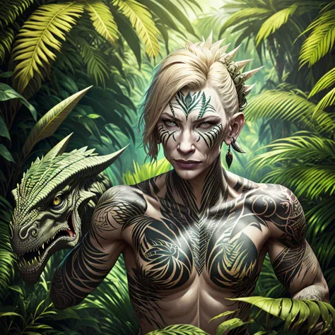 (A savage warrior woman (cate blanchett(25)) covered only in tattoos and extensive tribal body paint, unclad) armed with subdual weapons, is stalking man sized dinosaurs to capture and tame, jungle,(best quality,4k,8k,highres,masterpiece:1.2),ultra-detaile...