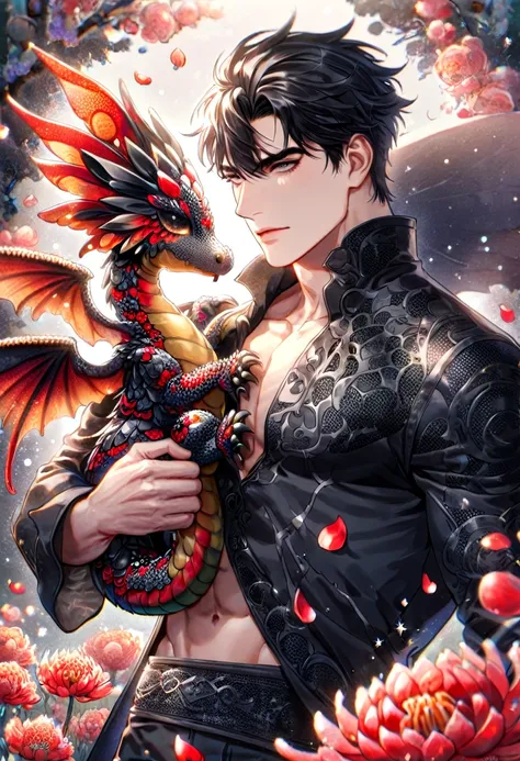 (absurdres, highres, ultra detailed, HDR) master piece, best quality, Yoo Joonghyuk, black hair, expressive gray eyes, omniscient readers view point, solo, sexy man, hugging a small dragon, handsome, toned chest, black clothes, patterns, magical fantasy, r...