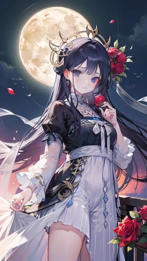 Maiden with roses in hand，Stand on a bridge in the moonlight，best qualtiy，Beautiful facial features，Rich expressions，Fingers of detail，4K high resolution。