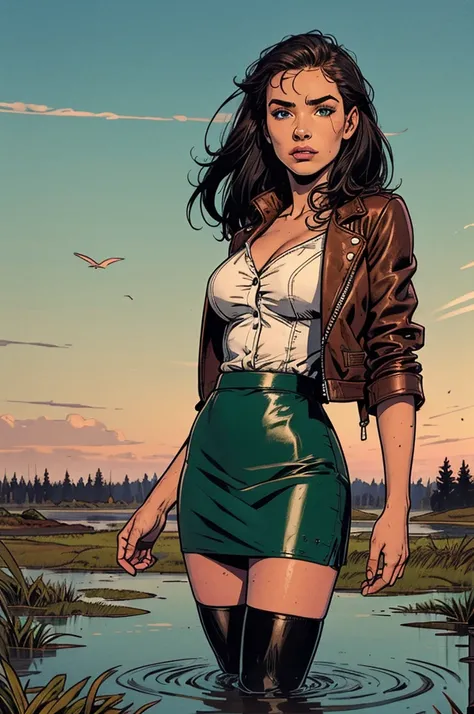 drowning in the middle of the bog, (feminine facial features), blouse, leather jacket, stockings, pencil skirt, green,red, blue, early morning sky