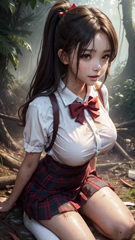 school girl in forest , tropical rainforest , waistband of skirt is at the point above chest , school girl big breast , red knot , red bow , skirt dark red , plaid skirt , pleated skirt , dirty white Shirt , realisitic、top-quality、crisp photos 、a lot of ga...