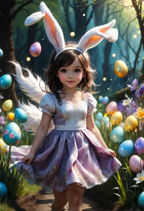 a cute girl with long fluffy rabbit ears, rabbit ears, The most beautiful amazing incredible stunning cutest baby rabbit searching for Easter eggs with a little happy human girl in an easter dress, fluffy, adorable, cute, hyperdetailed, cinematic, Easter e...