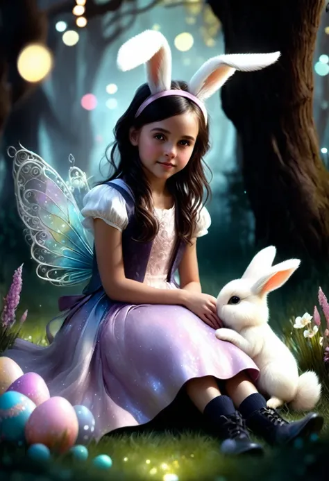 a cute girl with long fluffy rabbit ears, rabbit ears, The most beautiful amazing incredible stunning cutest baby rabbit searching for Easter eggs with a little happy human girl in an easter dress, fluffy, adorable, cute, hyperdetailed, cinematic, Easter e...