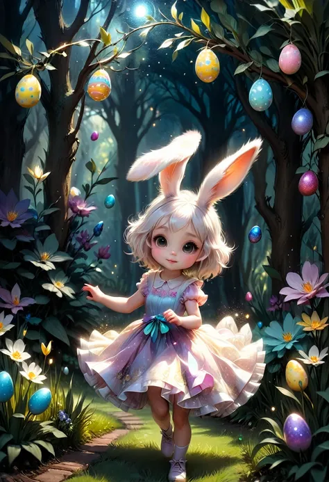 a cute girl with long fluffy rabbit ears, rabbit ears, The most beautiful amazing incredible stunning cutest baby rabbit searching for Easter eggs with a little happy human girl in an easter dress, fluffy, adorable, cute, hyperdetailed, cinematic, Easter e...