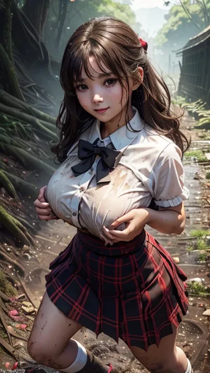 school girl in forest , tropical rainforest , waistband of skirt is at the point above chest , school girl big breast , red knot , red bow , skirt dark red , plaid skirt , pleated skirt , dirty white Shirt , realisitic、top-quality、crisp photos 、a lot of ga...