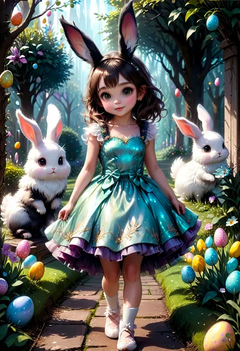 a cute girl with long fluffy rabbit ears, rabbit ears, The most beautiful amazing incredible stunning cutest baby rabbit searching for Easter eggs with a little happy human girl in an easter dress, fluffy, adorable, cute, hyperdetailed, cinematic, Easter e...