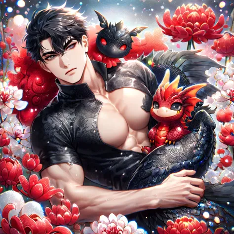 (absurdres, highres, ultra detailed, HDR) master piece, best quality, Yoo Joonghyuk, black hair, expressive gray eyes, omniscient readers view point, solo, sexy man, hugging a small dragon, handsome, toned chest, black clothes, patterns, magical fantasy, r...