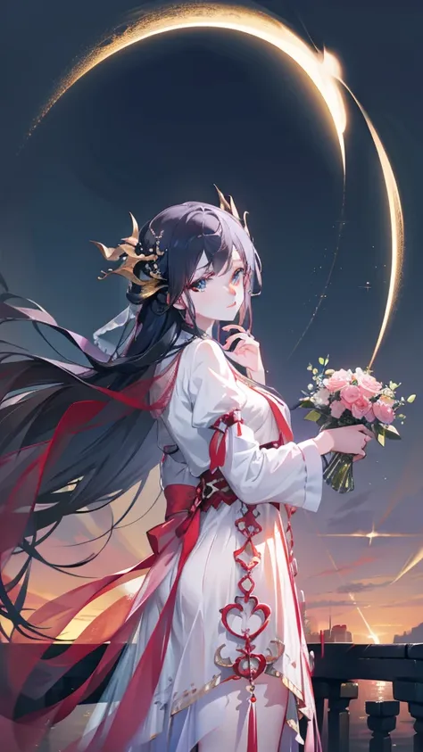 Maiden with roses in hand，Stand on a bridge in the moonlight，best qualtiy，Beautiful facial features，Rich expressions，Fingers of detail，4K high resolution。