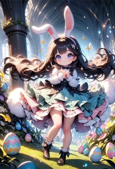 a cute girl with long fluffy rabbit ears, rabbit ears, The most beautiful amazing incredible stunning cutest baby rabbit searching for Easter eggs with a little happy human girl in an easter dress, fluffy, adorable, cute, hyperdetailed, cinematic, Easter e...