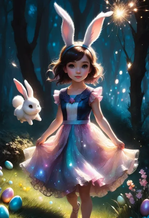 a cute girl with long fluffy rabbit ears, rabbit ears, The most beautiful amazing incredible stunning cutest baby rabbit searching for Easter eggs with a little happy human girl in an easter dress, fluffy, adorable, cute, hyperdetailed, cinematic, Easter e...