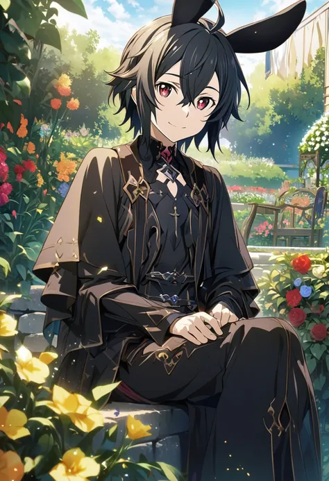 Hyakuya Mikaela (Sword Art Online), short black hair, ruby red eyes:1.2, dark costume, bangs, gentle smile, black bunny ears, ((ultra-detailed)), ((illustration)), ((neat hair)), (beautiful detailed eyes), male, 1boy, sitting, ((garden, sky)), looking at v...