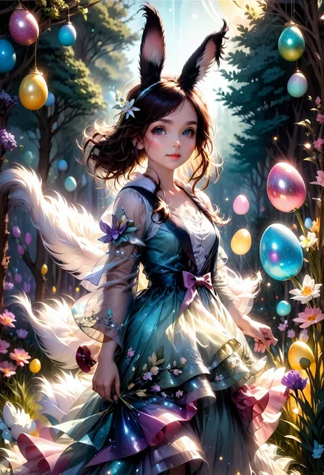 a cute girl with long fluffy rabbit ears, rabbit ears, The most beautiful amazing incredible stunning cutest baby rabbit searching for Easter eggs with a little happy human girl in an easter dress, fluffy, adorable, cute, hyperdetailed, cinematic, Easter e...