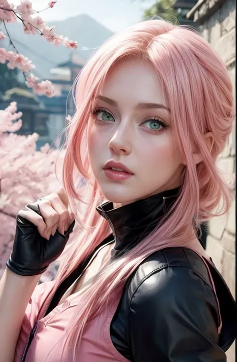 young woman, short shoulder-length pink hair, wide forehead, porcelain skin, pink eyebrows, big emerald green eyes, buttoned nose, full lips, heart-shaped face, slender body, small breasts, red tank top, Sakura Haruno , realistic, realism, details, 3d, wel...