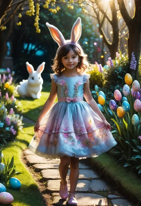 a cute girl with long fluffy rabbit ears, rabbit ears, The most beautiful amazing incredible stunning cutest baby rabbit searching for Easter eggs with a little happy human girl in an easter dress, fluffy, adorable, cute, hyperdetailed, cinematic, Easter e...