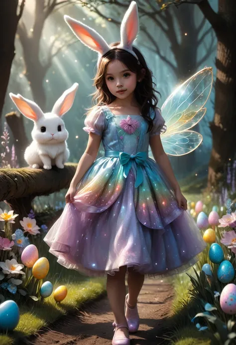 a cute girl with long fluffy rabbit ears, rabbit ears, The most beautiful amazing incredible stunning cutest baby rabbit searching for Easter eggs with a little happy human girl in an easter dress, fluffy, adorable, cute, hyperdetailed, cinematic, Easter e...