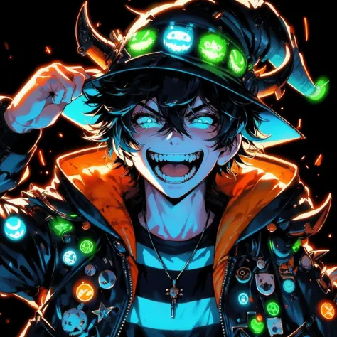 ouka_niji 5 girl beautiful inspired charlie bowater character cyberpunk- desenho no estilo de Mike Deotado, Androgynous niji 6 , man crazy smile, jacket, holding a neon black e blue, cube sticking 