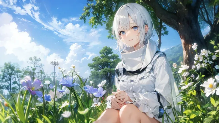 super high quality, With the girls, 20-year-old, とてもshort hair, Long bangs between the eyes, Grey Eyes , Very detailed,(masterpiece、highest quality)、alone、Gray Hair、Fantasy, Silver Hair, black eye, Beautiful Eyes, Fantasyな風景、White shirt、smile、Open your mou...