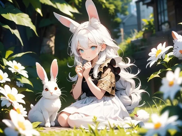 1female\((chibi:1.5),cute,kawaii,small kid,(white hair:1.4),(very long hair:1.6),bangs,(ear\(fluffy,white,rabbit-ear\):1.4),red ...