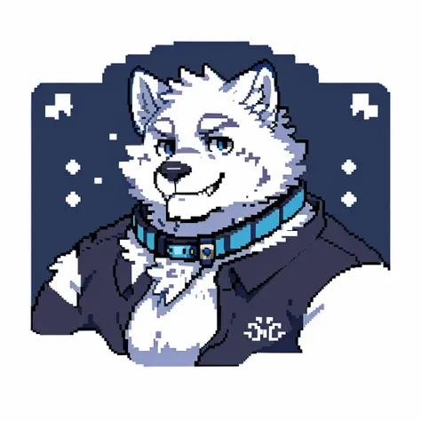 snow wolf, ((all white fur:1.5)), Perfect sky blue eyes, Spike Collar, (artist:Takemoto Arashi), Mature face, (fang out:1.5), seductive smile, Unbutton all white shirt buttons, logo mark, stamp, Geometric pattern, vector-art, pixel graph, (White eyebrows),...