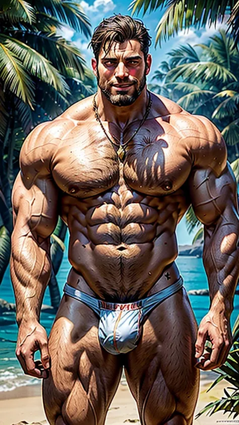 Tarzan, beefy build, hefty, bodybuilder, muscle swelling, shirtless, beach underwear, very hot male, beefy pecs, hairy chest, six-pack ABS, hairy abdomen, hairy groin, small gold necklace, 3 meters tall bodybuilder, oversized biceps are 240 inches, with lo...