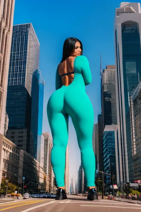 (gorgeous latin giantess woman, gts:1) with big ass and fetish catsuit walk near (tiny city:.7) uhd, hdr, higly detailed, masterpiece, 8k