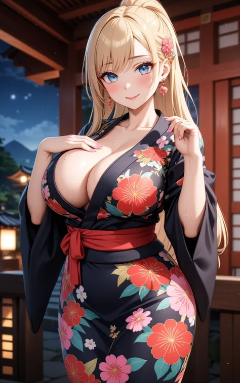 ((One woman)), Beautiful smile,Kind Face,Blushing,Glossy Lips,Abstract, Shrine at night, ((Anime style background)),masterpiece, highest quality, so beautiful, Absurd, up to date, Complex details, Pink long nails,AI-generated, Complex,High resolution, high...