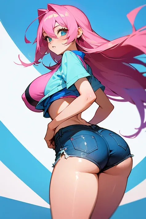 cartoon drawing of a girl with big tits bouncing around in blue shorts, 1girl, solo, pink hair, ass, long hair, breasts, looking back