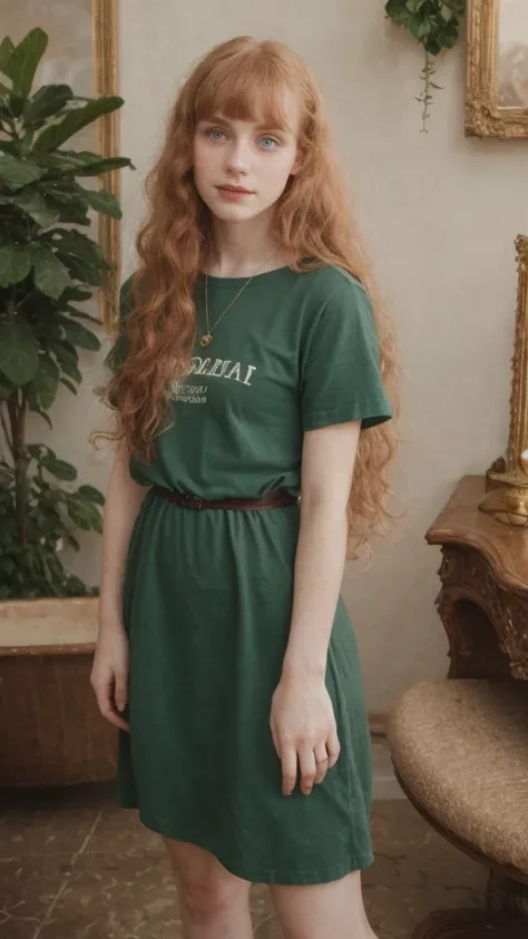 19 year old girl (Irish), (swiss), (Czech),  pale skin, long curled strawberry blonde hair with fountain bangs, beauty, beautiful girl, thin, skinny, small breasts, wearing a dark green T-shirt dress, with, cute makeup, standing next in an avant garde room...