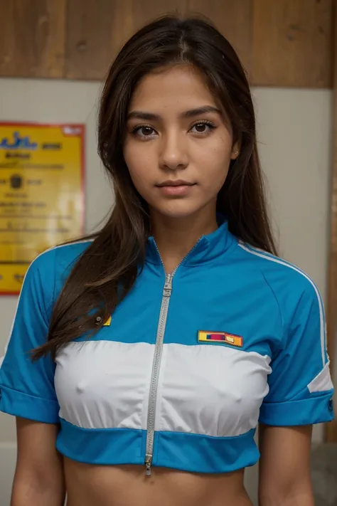 to a 23-year-old Bolivian girl with brown hair, piel clara, ojos claros, estatura 1,60, senos medianos, cintura regular, cuerpo delicado, vistiendo uniforme escolar color azul y plomo