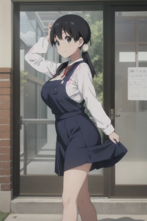 (((Pixel Perfect, Perfect in every detail))), alone, One Girl, tamako kitashirakawa, , Show Viewer, smile, （High School Uniform）、(Big Breasts:1.5)、(((Navy overall skirt)))、From the side:1.5、wear a white shirt、（インナーでwear a white shirt）