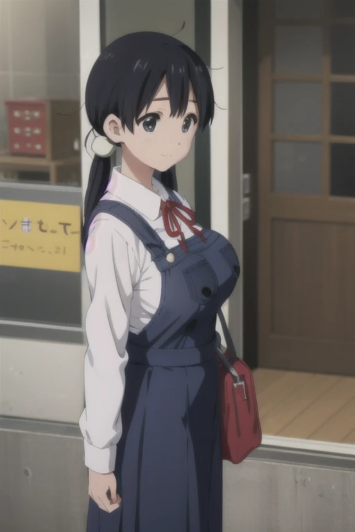 (((Pixel Perfect, Perfect in every detail))), alone, One Girl, tamako kitashirakawa, , Show Viewer, smile, （High School Uniform）、(Big Breasts:1.5)、(((Navy overall skirt)))、From the side:1.5、wear a white shirt、（インナーでwear a white shirt）