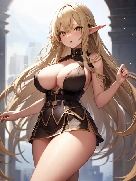 elf, elf ears,dull blonde hair,long hair,brown eyes,kind eyes,round eyes,drooping eyes,large breasts,Micro mini skirt,