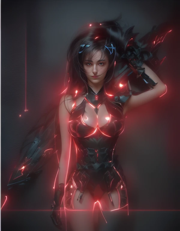 a ultra beautiful girl, with a black techno fantasy armor and a great sword in the back, cute, 12k, uhd, photorealistic,  red lights decourations, black short hairs, ((european white race)), (ultra beautiful gorgeous realistic), naked belly and (naked arms...