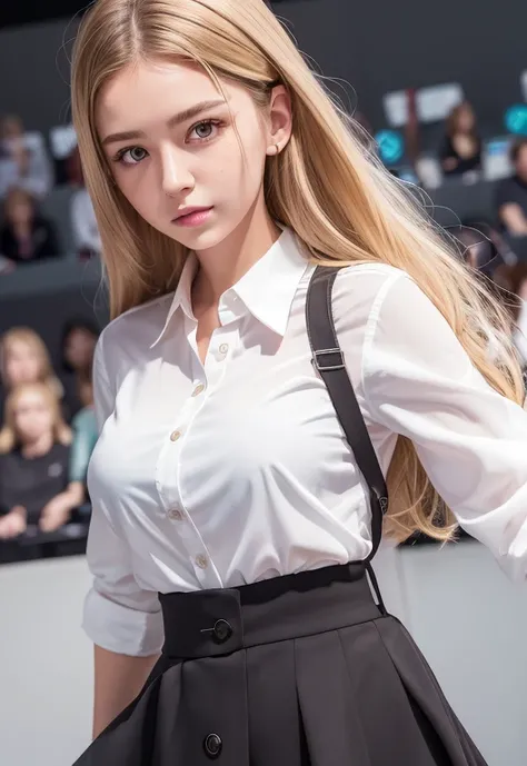 best quality, Ultra-high resolution, (Reality:1.4), 1 Girl, Button-down shirts, Black skirt, School, Dark brown hair, breast, (Blonde Hair:1.2), looking at the audience, (The face is rich in detail:1.1),,  (Pure face_V1:0.8),Tik Tok,  