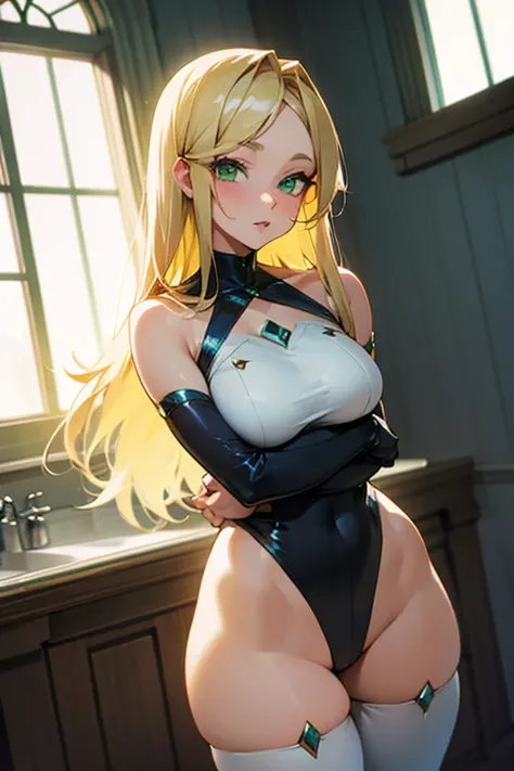 Beautiful anime blonde with green eyes and shoulder-length hair. She has curvy hips and . She&#39;s serious and cunning. Background blue. Nice clothes. depraved