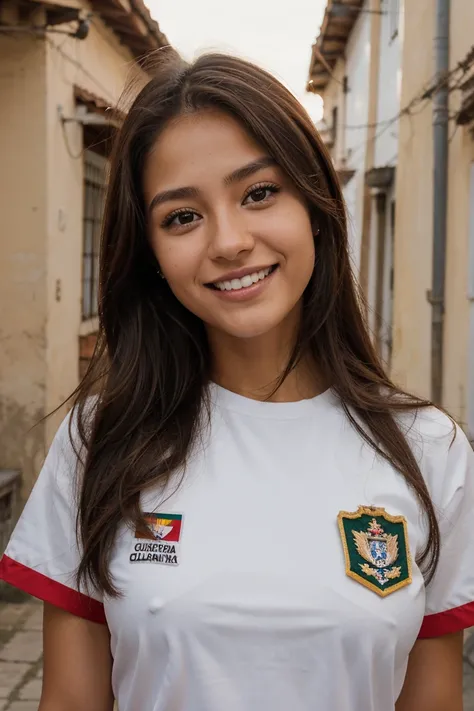 to a 23-year-old Bolivian girl with brown hair, piel clara, ojos claros, sonrisa delicada, estatura 1,60, senos medianos, cintura regular, cuerpo delicado, vistiendo uniforme escolar