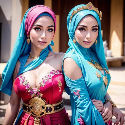 24k, 8k, Two:2 naked and nude sexy hijab prostitutes with pinks nipples, bestquality，master-piece，High resolution with high detail，（brilliant：1.4），raw photograph，，optical illusion，1girle，（Solo exhibitions：1.2），（cowboy lens：1.2），（Hair crown：1.2），Traditional...