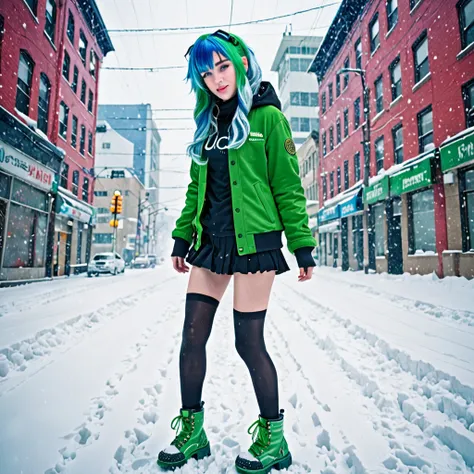 best quality,ultra high res,1girl,solo,full body,snow,city,, blue hair,green eyes,jk, fuck