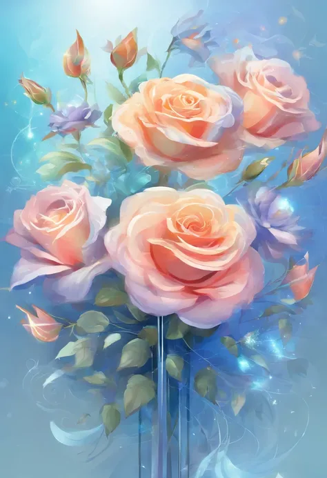 create a vectorized a digital twin of a beautilful birthday bouquet of flowers with roses use blue vector lines with luminosity on a blueish futuristic looking background 