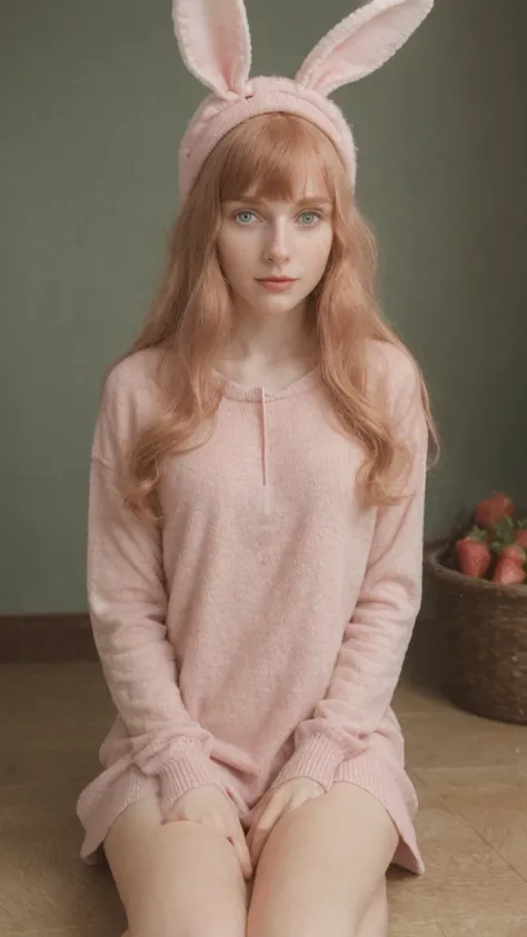 19 year old girl (Irish), (swiss), (Czech),  pale skin, long curled strawberry blonde hair with fountain bangs, beauty, beautiful girl, thin, skinny, wearing a dark green T-shirt dress, (pink: Fleece-Lined Knit Beaniewith bunny ears), cute makeup, in the f...