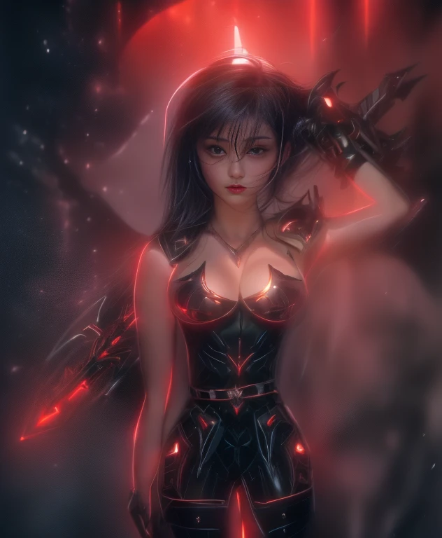 a ultra beautiful girl, with a black techno fantasy armor and a great sword in the back, cute, 12k, uhd, photorealistic,  red lights decourations, black short hairs, ((european white race)), (ultra beautiful gorgeous realistic), naked belly and (naked arms...