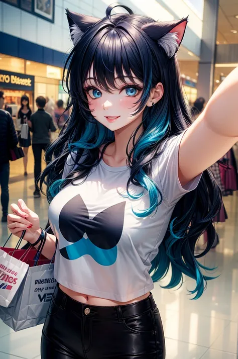 selfie, hair behind ear, makeup, dark blue hair, blue hair, black hair, blue and black gradient hair, messy hair, wavy hair, cat ears, long hair, blue eyes, mall, shopping centre, smile, breasts, tshirt