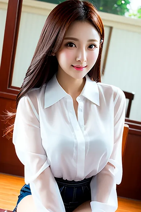 close-up of a woman in a white blouse sitting on a chair, gorgeous young korean woman, white clothes are very transparent, chest...