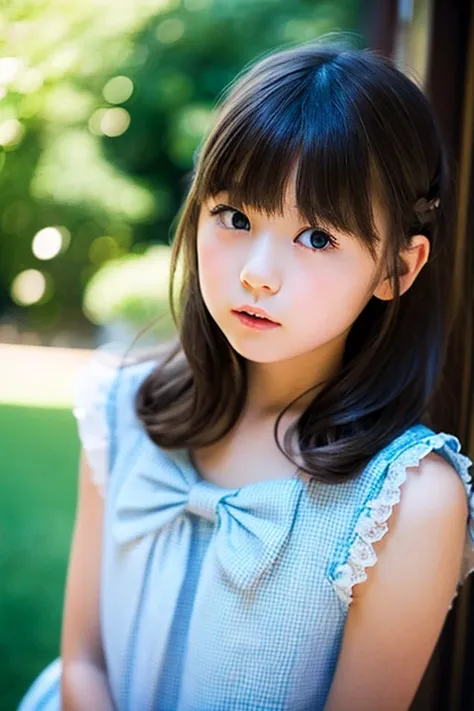 (Very delicate and beautiful: 1.2), One girl, Robber Girl, bangs, Cute eyes, bow, Brown Hair, Mouth closed, Landscape, Hair between the eyes, hair bow, Short sleeve, Looking at the audience, Medium Hair, alone, Upper Body, school uniform: 1.3, ((alone)), (...