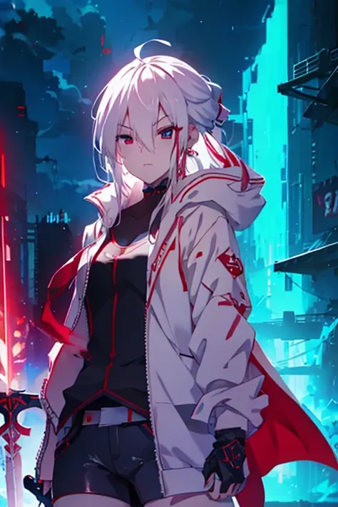 white hair, red eye, blue eye, anime girl with sword and sword in front of a background of blue and red, badass anime 8 k, best ...